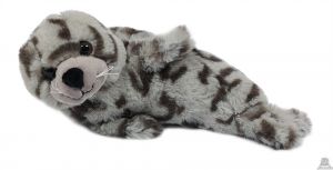 Liggende pluche zeehond grijs met vlekken 25 cm.
