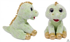 Pluche zittende Dinosaurus groen/goud met grote ogen 25 cm