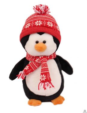 Staande pluche Pinguin met muts en shawl van 26 cm